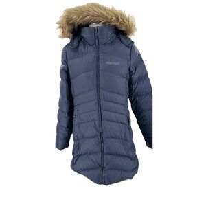 Marmot Women's Parka Fur Trimmed 700 Down Fill Jacket Coat Blue Medium